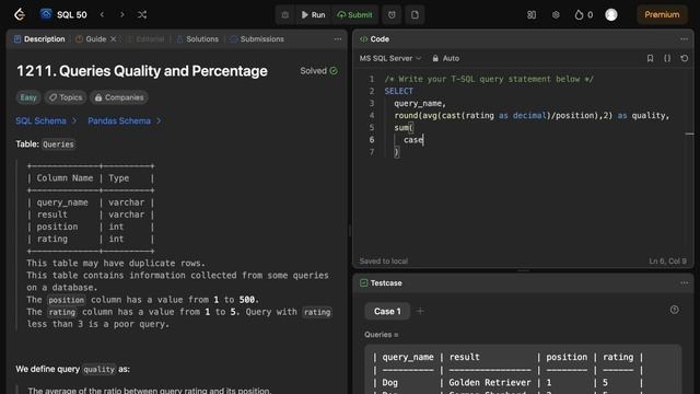 SQL Interview | "Queries Quality and Percentage I" | SQL 50 | Leetcode Easy Problem 1211 | CASE смотреть онлайн