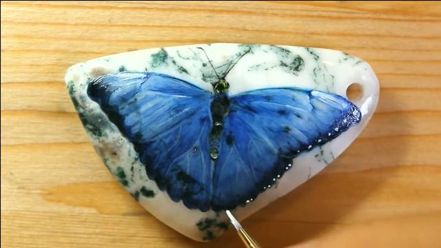 The Stone Pendant, Blue Morpho Butterfly / Кулон с бабочкой Морфо пелеида / Oil paint смотреть онлайн