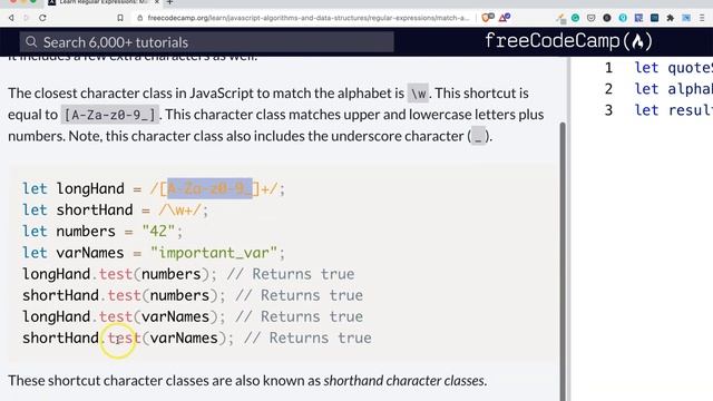freeCodeCamp 2021 Regular Expressions Match All Letters and Numbers, Master Regex 2021 Coding lesso