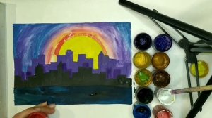 Рисуем городской пейзаж ,ночной  Нью - Йорк красками гуашь для начинающих