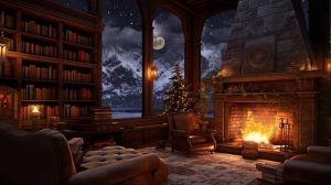 Cozy Winter Ambience: ASMR Fireplace Sounds in a Library at Night