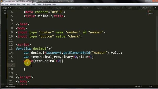 How to convert decimal number  to binary number using HTML and JavaScript project