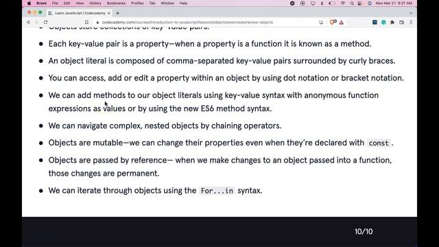 Learn JavaScript on Codecademy, Objects Section, Review Lesson, JavaScript Object Review, Learn JS