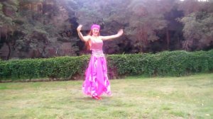 Gypsy Queen Sofia Goldberg. Belly Dancer with long red hair. Pink chiffon Ameynra skirt & headcover