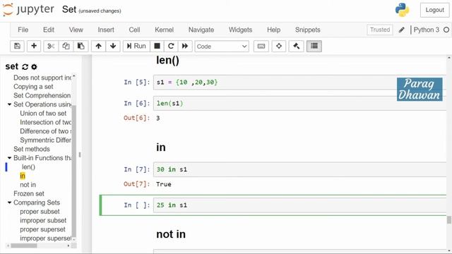 Built-in Functions applied on set | Membership test on Set