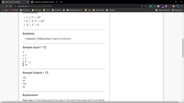 Equal Coins CodeChef Solution - November Long Challenge 2021 | EQUALCOIN - JAVA Solution смотреть онлайн