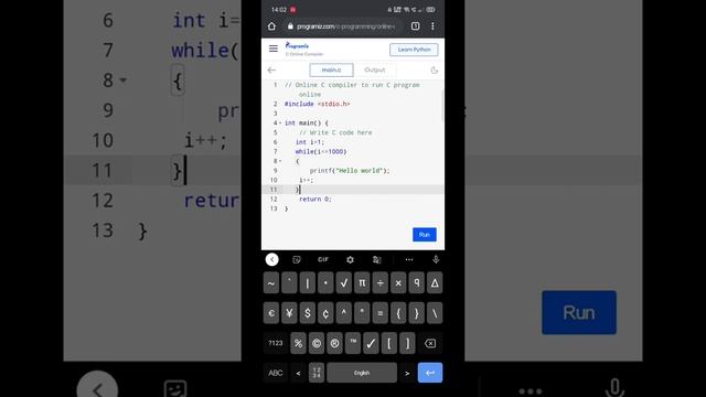 C vs PYTHON ! An example of Printing Hello World 1000 times #Cprogramming #C_on_mobile #OnlineC