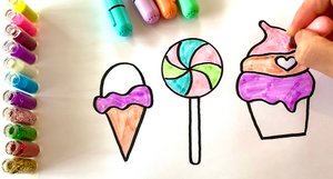 Рисование с детьми. Рисуем сладости и раскрашиваем их блестками.