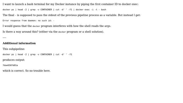 reading stdout in pipeline using "-" fails for "docker exec" смотреть онлайн