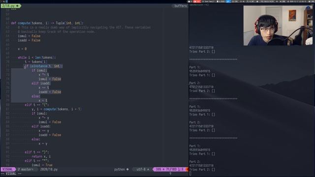 Advent of Code 2020 - Day 18 | !advent !python (1225*, 1219**) смотреть онлайн