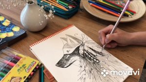 Рисуй со мной «Волк». Скетч чёрной гелевой ручкой и фломастерами.