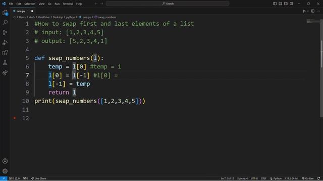 How to swap first and last elements of a list #python #logicalprogramming #pythonprogramming