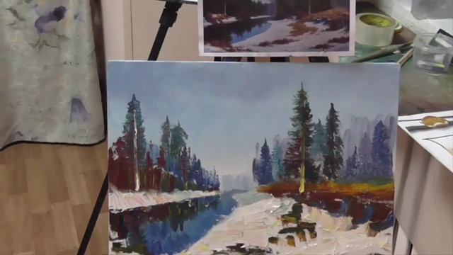 Зимний пейзаж масляными красками. смотреть онлайн