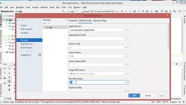 Android Studio Fix INSTALL_FAILED_OLDER_SDK