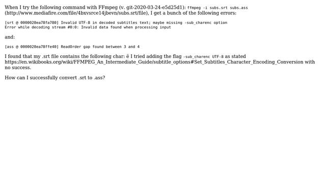 How to convert from .srt to .ass with FFmpeg without decoding errors? смотреть онлайн