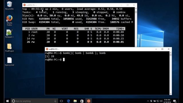 Windows 10 Bash Fork Bomb Demo смотреть онлайн