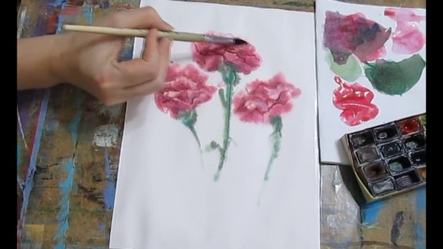 Картина за 10 минут! Видео урок Рисуем Гвоздики Акварелью! #Dari_Art #9мая смотреть онлайн