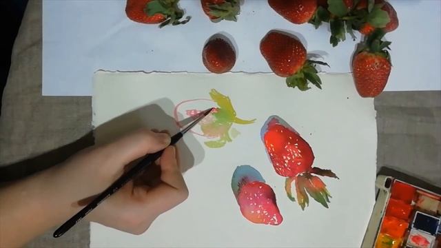 Как нарисовать клубнику акварелью. Скетч акварелью. Акварельная клубника. Этюд акварелью.