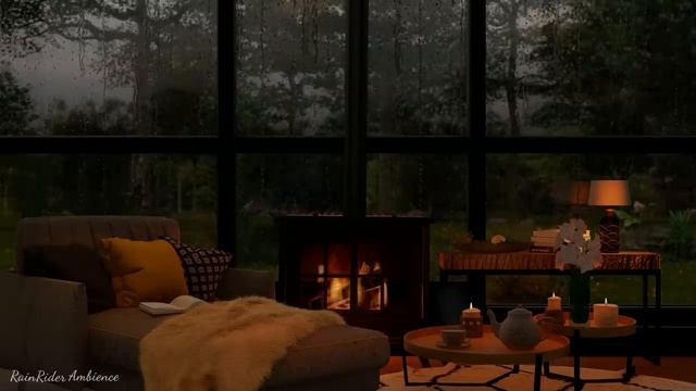 Cozy room ambience ASMR? Rain on window sounds with crackling fire for sleep, study, relaxation. смотреть онлайн
