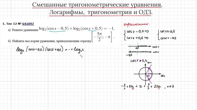 12 Задание Смешанные тригонометрические уравнения Логарифмы,   тригонометрия и ограничения. Часть 1