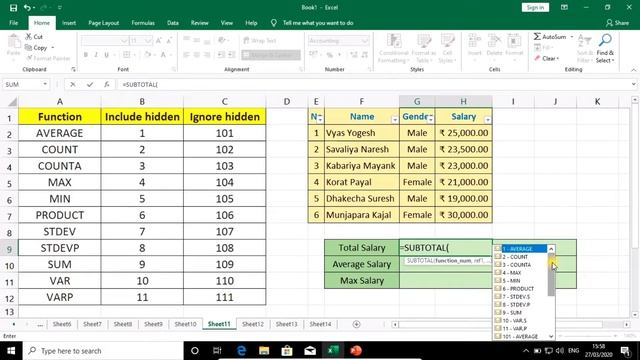 Lecture - 168 : Excel : SUBTOTAL function in excel | 11 function you can use | Hidden row counting