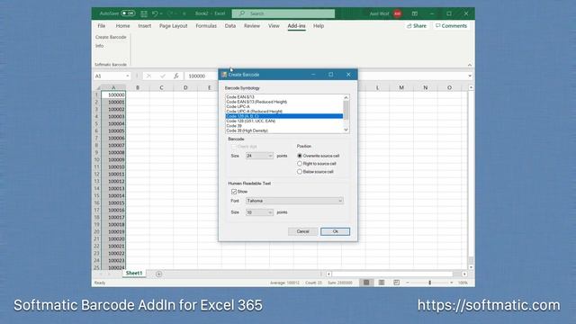Create Code 128 barcodes in an Excel product table, price list with one click - easy barcode fonts!