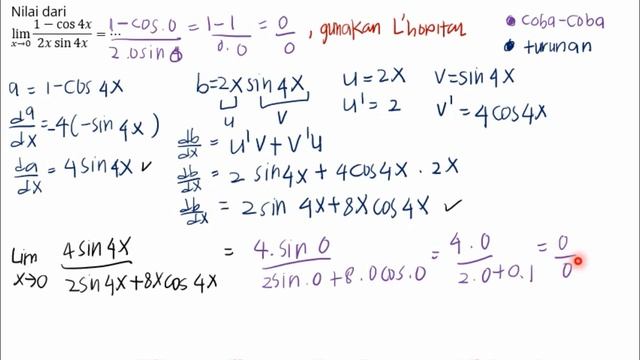 nilai dari limit x menuju 0 1-cos 4x/2x sin 4x=... смотреть онлайн