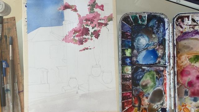 Уроки акварели. Улочка в Греции. Часть2