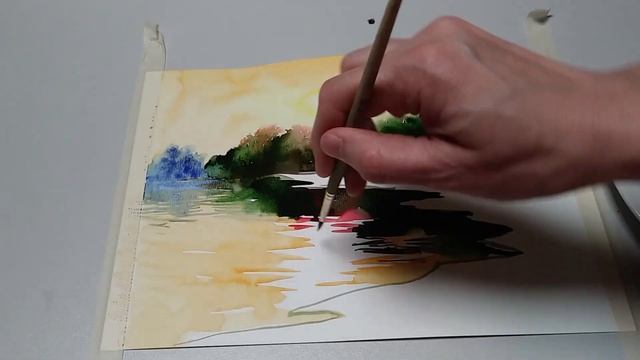 Рисуем пейзаж, закат, речку акварелью #1. смотреть онлайн