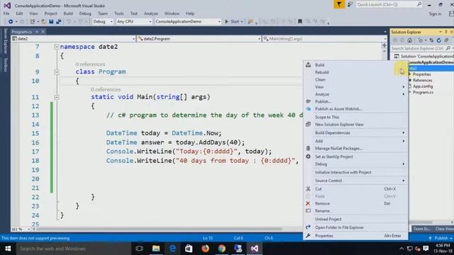 C# Sharp program to determine the day of the week 40 days after the current date.
