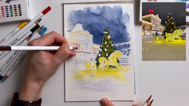 Новогодние огни акварельными карандашами