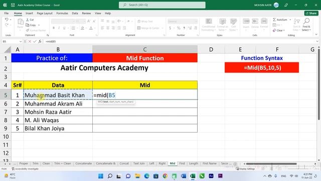?️ Mid Function Explained in Urdu / Hindi | Learn MS Excel with Aatir Academy 2022