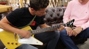 Jake Pedersen playing a Gibson Split Headstock Korina Explorer at Norman's Rare Guitars