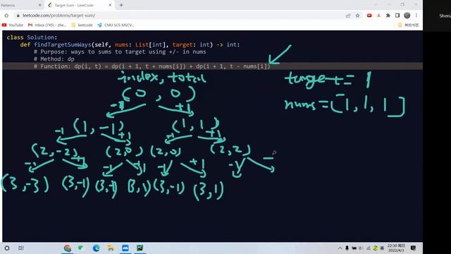 Leetcode 494. Target Sum. Dynamic Programming. Python