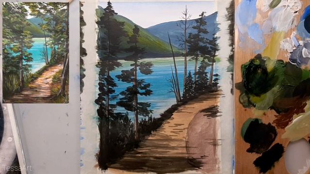 Тропинка у озера акрилом (гуашью) смотреть онлайн