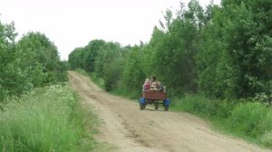 Дед погнал на мотоблоке по просёлочной дороге в деревне