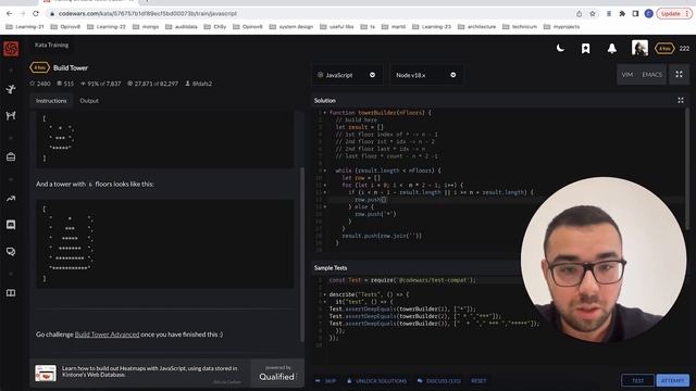 Codewars JavaScript, решение задачи Build Tower смотреть онлайн