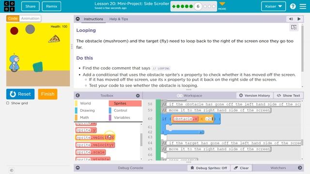 Code.org Lesson 20.5 Mini-Project Side Scroller | Tutorial with Answers | CS Discoveries (20.6 2020