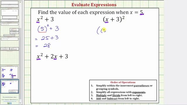 Ex: Substitute and Evaluate  Expressions x^2+3, (x+3)^2, x^2+2x+3 смотреть онлайн
