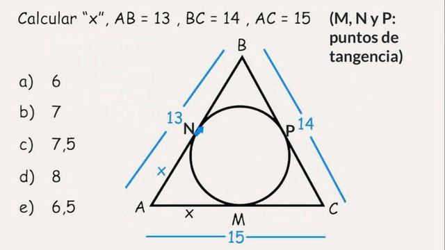Teorema de la tangente (circunferencia) Calcular x, si AB=13, BC=14, AC= 15. Tangente en M, N y P. смотреть онлайн