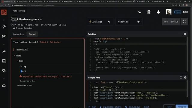Codewars 7 kyu Band Name Generator Javascript
