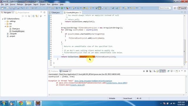 Collections (Unmodifiable CountryList) | Java Collection Framework