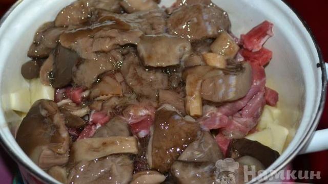 Жаркое из картофеля с мясом и грибами в горшочке