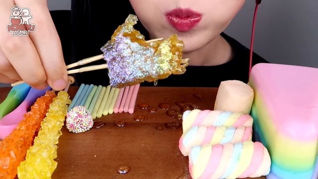 ASMR UNICORN DESSERTS 유니콘 디저트 먹방 EDIBLE SPOONS, HONEYCOMB, JELLY NOODLES 먹는 숟가락, 무지개 젤리, 젤리국수MUKBAN смотреть онлайн