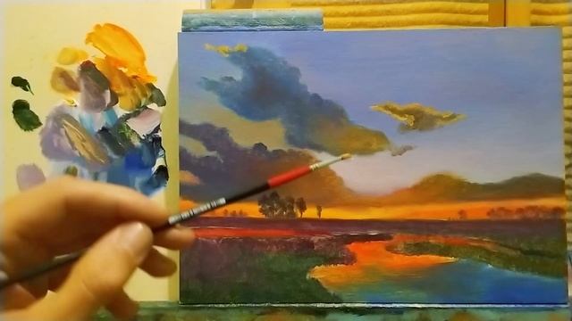Простой пейзаж с закатом для начинающих|Как рисовать закат простая техника  #art #урокирисования