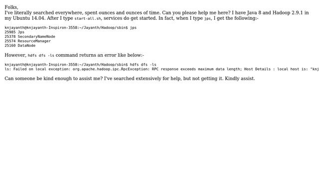 Hadoop giving error "ls: Failed on local exception: org.apache.hadoop.ipc.RpcException: RPC... смотреть онлайн