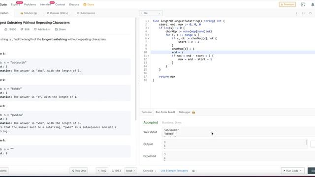 Leet Code - 3.  Longest Substring Without Repeating Characters [Medium] [Golang]