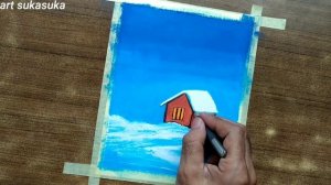 oil pastel drawing #48 - cara menggambar pemandangan salju, rumah dan pohon