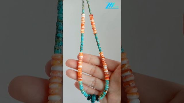 Natural turquoise  and orange spiny oyster roundle beads with pretty Prehnite pendant  choker high02