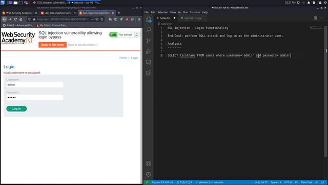 SQL Injection - Lab #2 SQL Injection Vulnerability Allowing Login Bypass